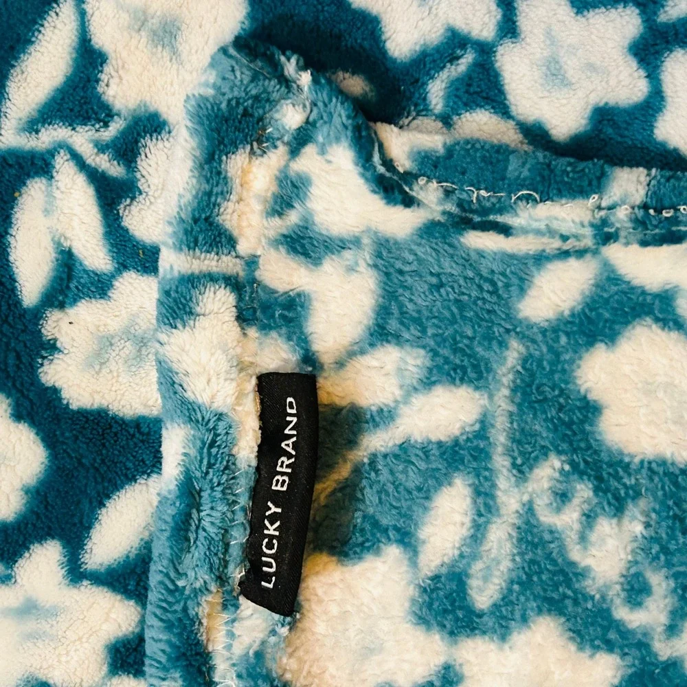Lucky Brand Throw Blanket Teal Blue Floral Plush Fleece Soft Cozy Cottagecore